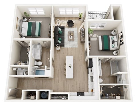 Floor plan for 2 beds, 2 baths, 1243 sqft