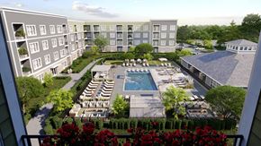 Charlestown apartment for rent - Aerial view of clubhouse and pool at Forest Edge Apartments, Charlestown, IN