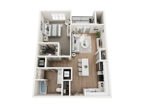 Floor plan for 1 bed, 1 bath, 744 sqft