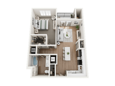 Floor plan for 1 bed, 1 bath, 749 sqft