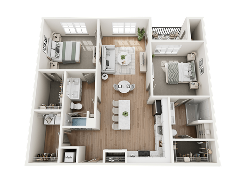 Floor plan for 2 beds, 2 baths, 1170 sqft
