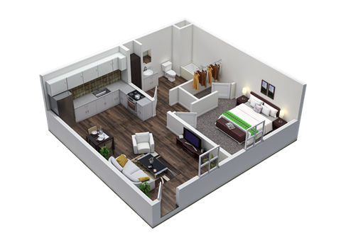 Floor plan for 1 bed, 1 bath, 624 sqft
