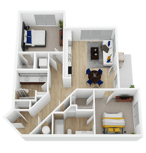 Floor plan for 2 beds, 2 baths, 939 sqft