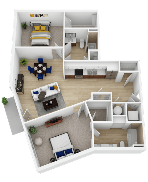 Floor plan for 2 beds, 2 baths, 1085 sqft