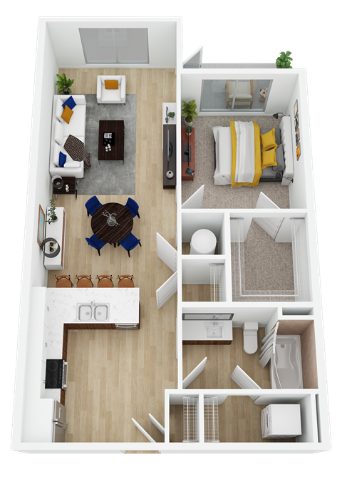 Floor plan for 1 bed, 1 bath, 717 sqft