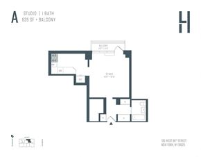 Jackson Heights apartment for rent - A floor plan for a studio apartment with a bath and balcony.