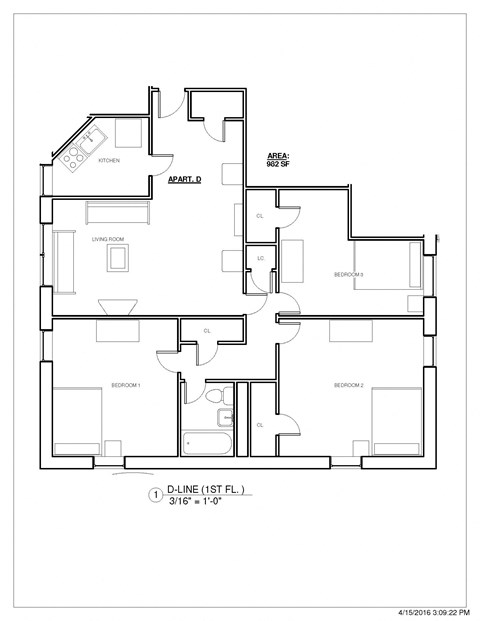 Floor plan for 3 beds, 1 bath