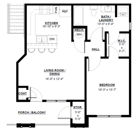 Floor plan for 1 bed, 1 bath, 672 sqft