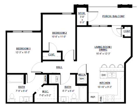 Floor plan for 2 beds, 1 bath, 901 sqft