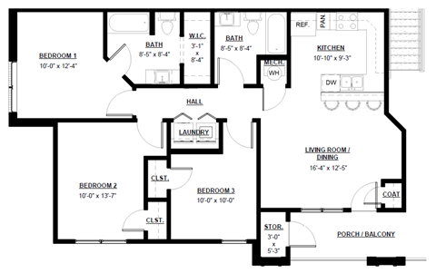 Floor plan for 3 beds, 1 bath, 1082 sqft