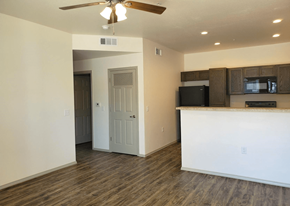 Springdale apartment for rent - an empty living room with a kitchen and a ceiling fan
