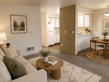 Eugene apartment for rent - A living room with a couch, a coffee table, and a painting on the wall.