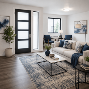 Junction City townhouse for rent - A modern living room with a white sofa, a coffee table, and a large window.