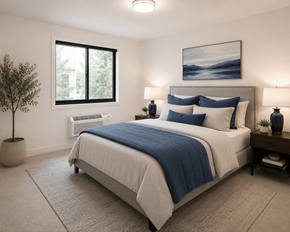 Junction City townhouse for rent - A bedroom with a large bed and a painting on the wall.