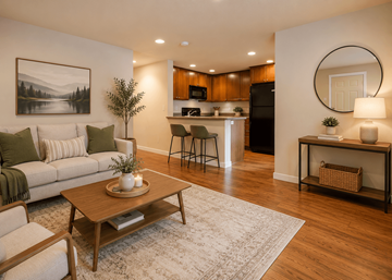 Bend apartment for rent - A living room with a couch, a coffee table, and a painting on the wall.