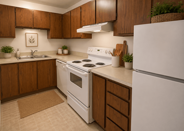 Bend apartment for rent - A kitchen with white appliances and wooden cabinets.