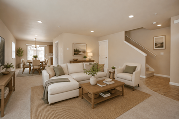Bend townhouse for rent - A living room with a white couch and a wooden coffee table.
