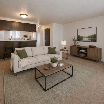 Eugene apartment for rent - A living room with a white couch, a coffee table, and a painting on the wall.