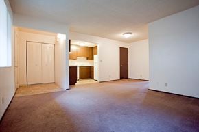 Eugene apartment for rent - A large empty room with a fireplace and a kitchen area in the background.