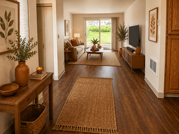 Eugene townhouse for rent - A living room with a brown rug and wooden furniture.