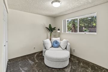 Eugene apartment for rent - A living room with a white couch and a plant on the side table.