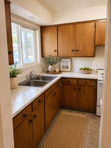 Coburg apartment for rent - A kitchen with wooden cabinets and a white countertop.
