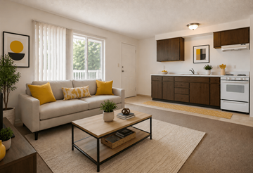 Eugene apartment for rent - A living room with a white couch and yellow pillows.