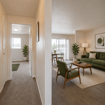 Springfield apartment for rent - A living room with a green couch and a wooden coffee table.