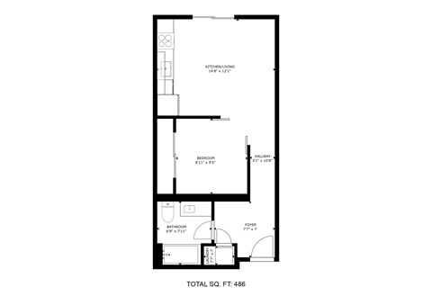 Floor plan for studio, 1 bath, 486 sqft