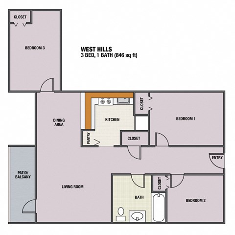 Floor plan for 3 beds, 1 bath, 846 sqft