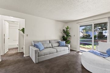 Springfield apartment for rent - A living room with a grey couch and a green plant.