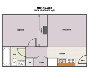 Eugene apartment for rent - A floor plan of a one bedroom apartment with a bath and living room.