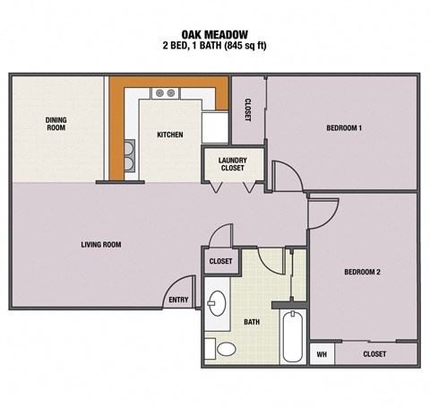 Floor plan for 2 beds, 1 bath, 845 sqft