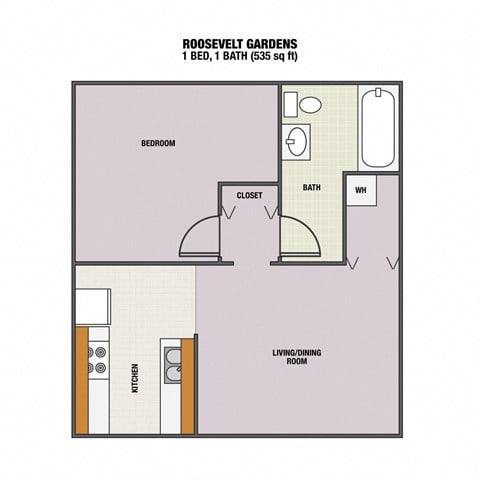 Floor plan for 1 bed, 1 bath, 535 sqft