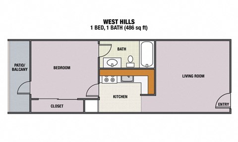 Floor plan for 1 bed, 1 bath, 486 sqft