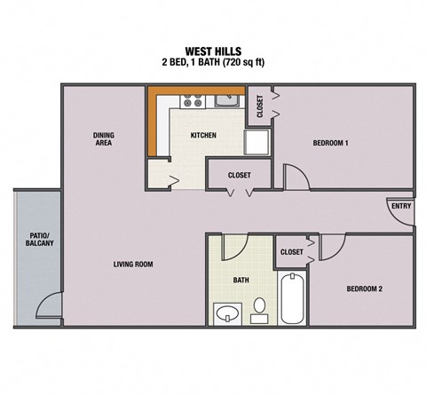 Floor plan for 2 beds, 1 bath, 720 sqft