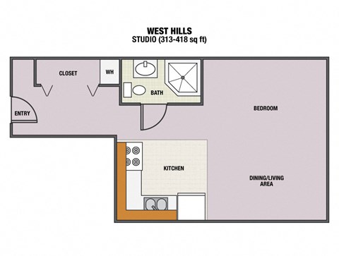 Floor plan for 1 bed, 1 bath, 313 sqft