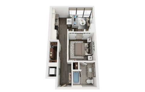 Floor plan for 1 bed, 1 bath, 579 sqft