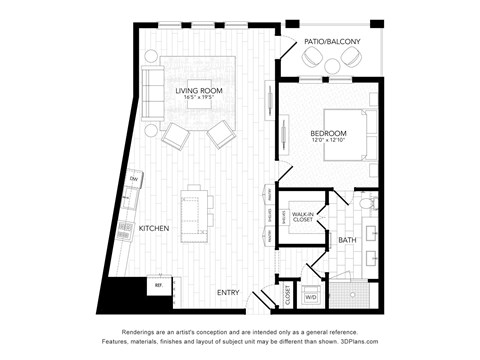Floor plan for 1 bed, 1 bath, 987 sqft