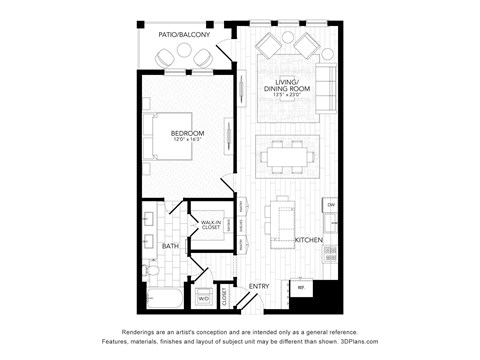 Floor plan for 1 bed, 1 bath, 958 sqft