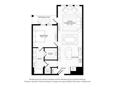 Floor plan for 1 bed, 1 bath, 672 sqft