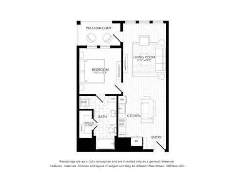 Floor plan for 1 bed, 1 bath, 751 sqft
