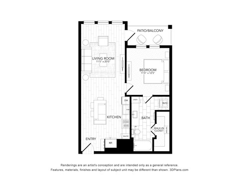 Floor plan for 1 bed, 1 bath, 745 sqft