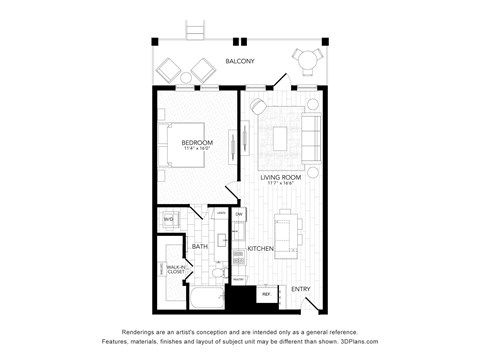 Floor plan for 1 bed, 1 bath, 768 sqft