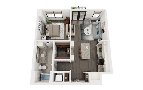 Floor plan for 1 bed, 1 bath, 765 sqft