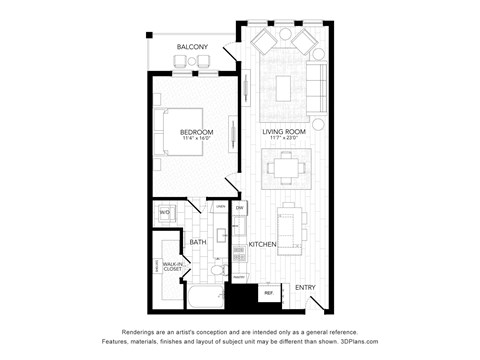 Floor plan for 1 bed, 1 bath, 849 sqft