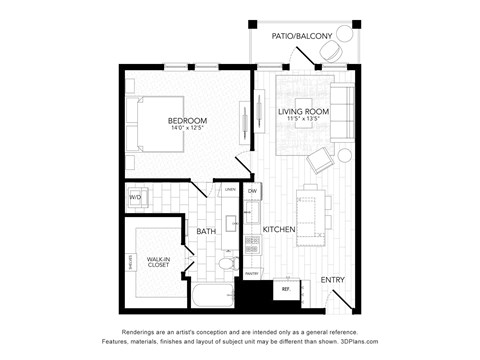 Floor plan for 1 bed, 1 bath, 739 sqft