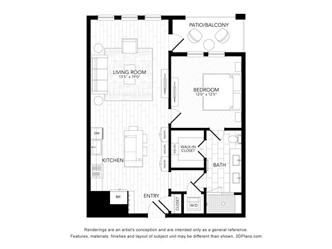 Floor plan for 1 bed, 1 bath, 847 sqft