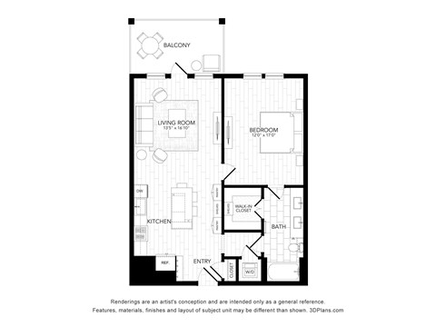 Floor plan for 1 bed, 1 bath, 864 sqft