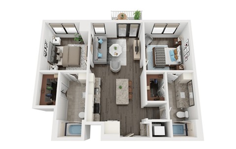 Floor plan for 2 beds, 2 baths, 986 sqft